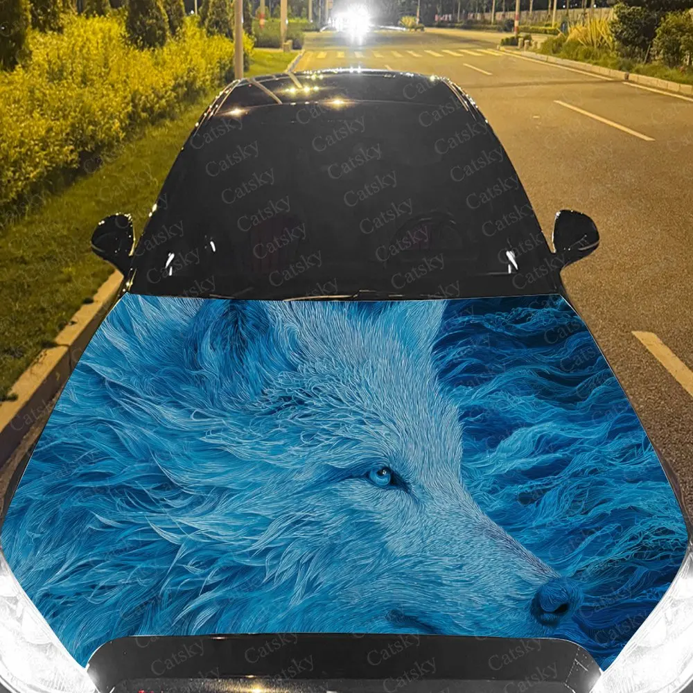 Vibrant Icy Blue Wolf Spirit Car Hood Sticker,Waterproof Self-Adhesive Vinyl Graphics Decal,Decorative Auto Accessories Stickers