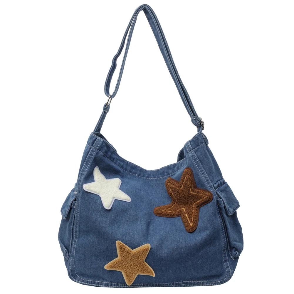 Star Denim Shoulder Bag Large Capacity Trendy Crossbody Bag with Zipper Adjustable Strap Fashion Handbag Multi Pocket for Women