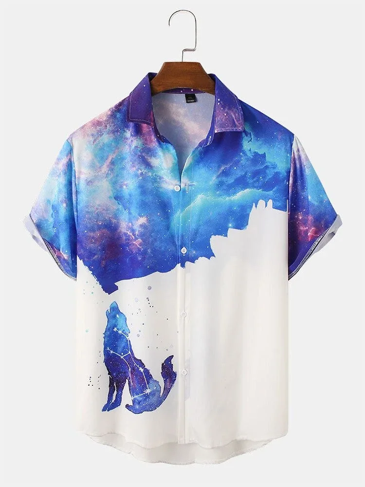 Men\'s shirts dreamy starry sky print fashion press men\'s lapel tops Hawaiian style men\'s short-sleeved shirts 2024 new style