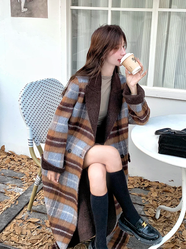 

Двустороннее шерстяное пальто в клетку, длинное, ниже колена, в стиле ретро, женское, осень-зима 2025, новинка, премиум-класс, для повседневной носки, корейская версия