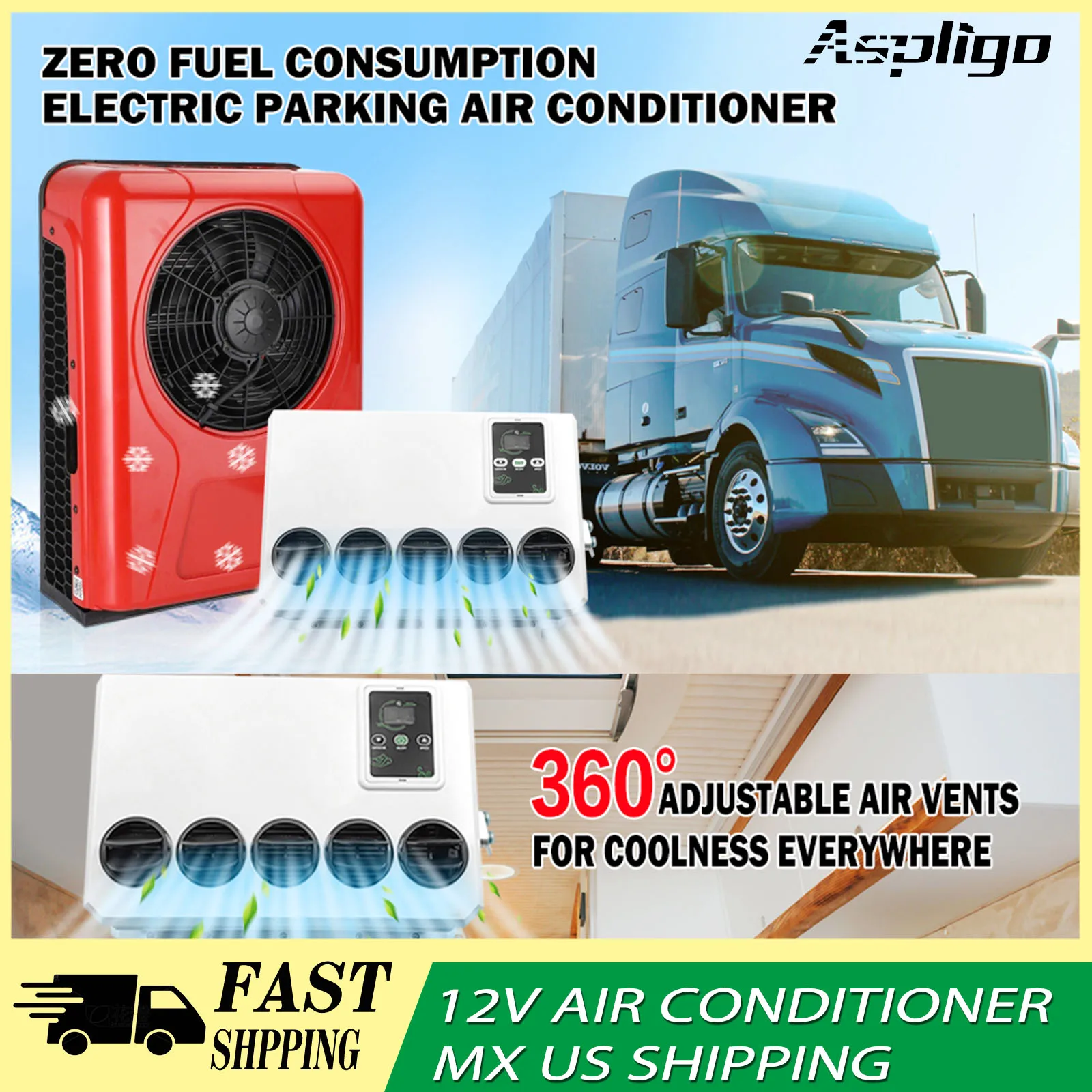 

Aspligo Cooling 12V Electric Split Automotive Parking Air Conditioner 24V AC Low noise For Car Bus Van Tractor Truck Camp Van