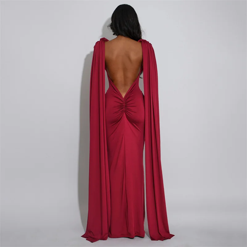 Doyerl Sexy Backless Evening Dresses for Women Elegant Celebrity Night Club Fly Sleeve Ruched Party Prom Bodycon Maxi Dress Robe