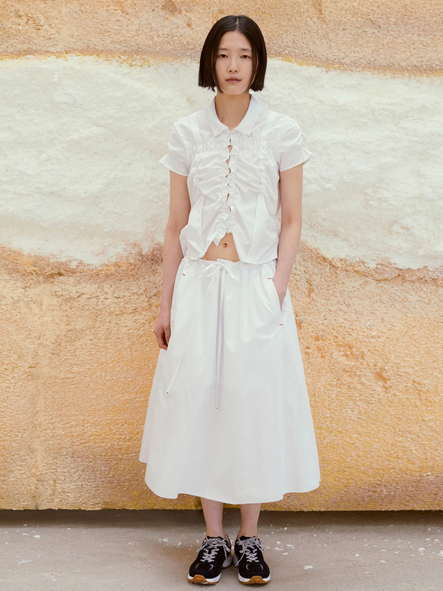 

Women's Casual Style Pleated Short Sleeve Shirt And High Waist Skirt Two-Piece Set Breathable Lightweight Cotton Summer Outfit