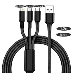 3 In 1 USB Charger Fast Charging Cable Type C Micro LIGHTNING Multi Charger Cable for iPhone Huawei Samsung Nylon Braided Cord