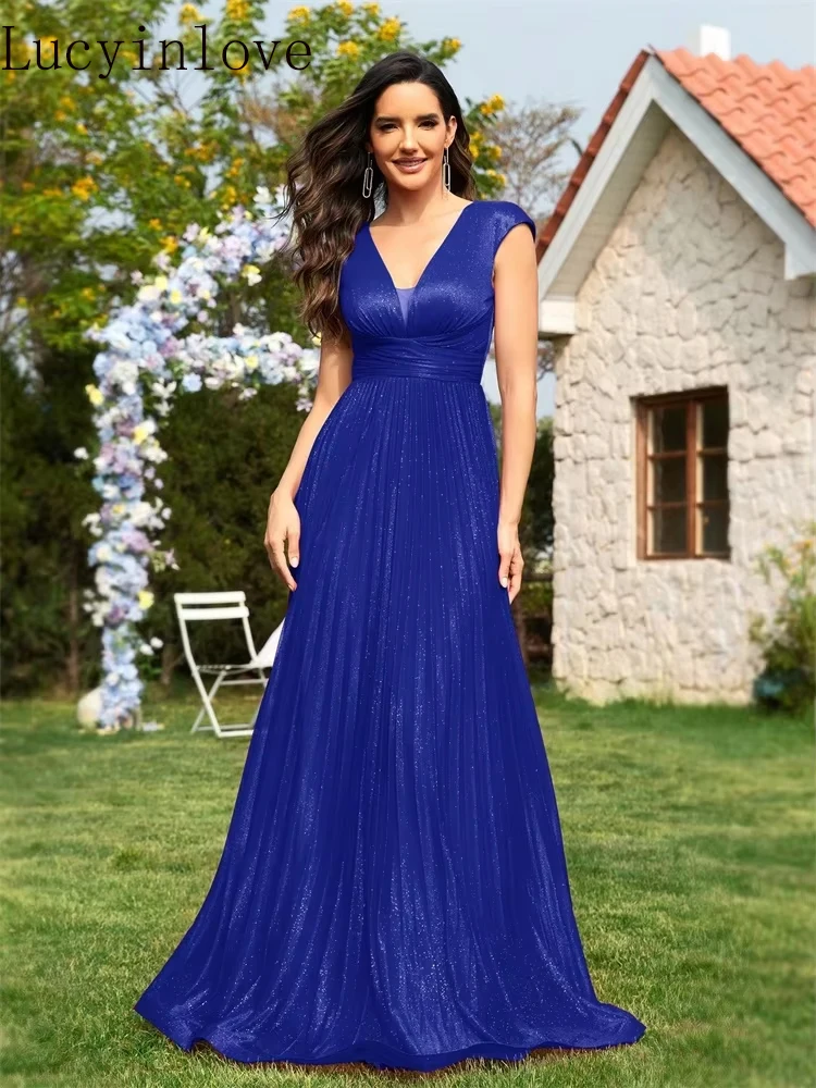 

Lucyinlove Luxury V-Neck Chiffon Blue Evening Dresses Women Elegant V-back Wedding Party Long Prom Cocktail Gowns