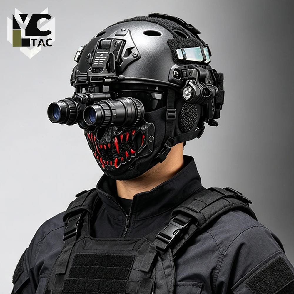 YCTAC FAST Tactical Helmet Set with Wire Face Mask NVG Bracket Flashlight for CS Game Paintball Wargame Ghost Face Protective Ge