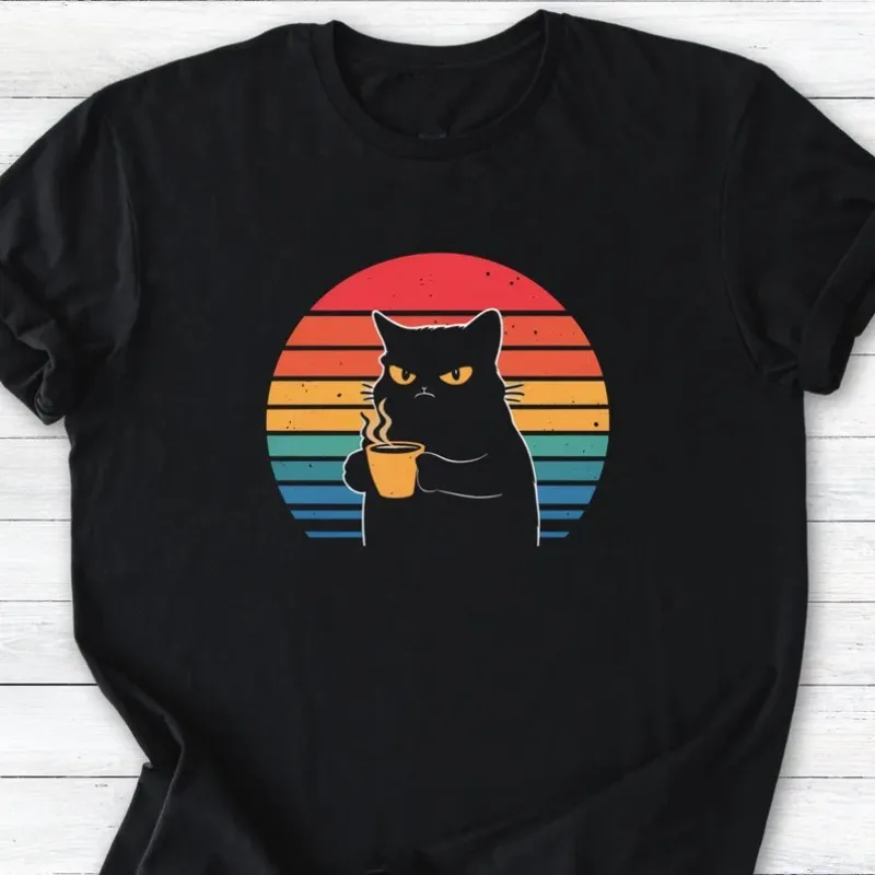 

Funny Black Cat T-Shirt Retro Sunset Coffee Design Women's Casual Short Sleeves Minimalist Cute Cat Shirt for Daily Wear