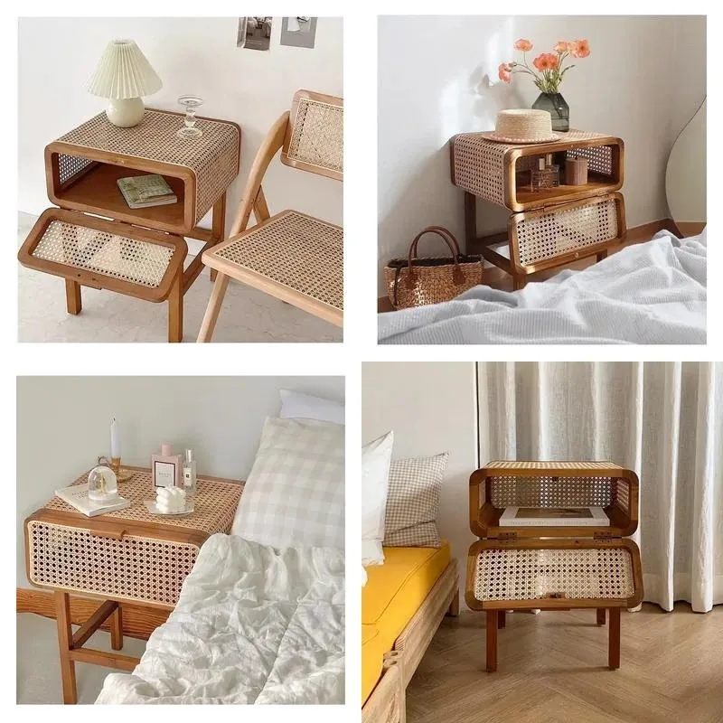 Round Edge Solid Wood Rattan Coffee Table with Wicker Drawer Storage Bedside Nightstand for Living Room Bedroom Furniture
