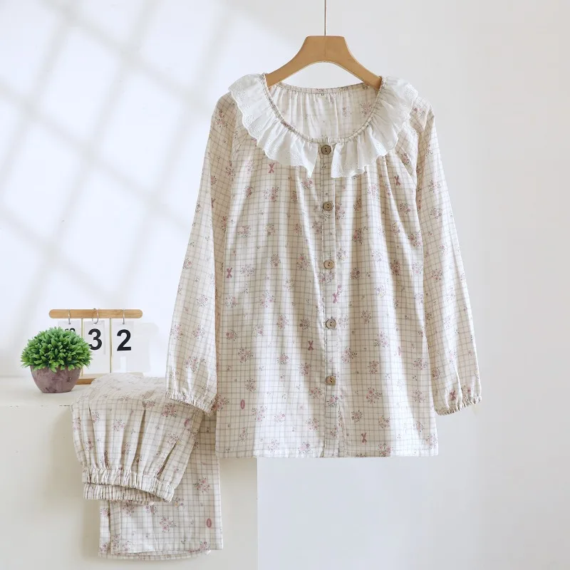 Conjunto de pijama para mujer, 100% de gasa de algodón a cuadros, Floral, manga larga, bonito cuello de muñeca, conjunto de muebles para el hogar, primavera y otoño, 2026