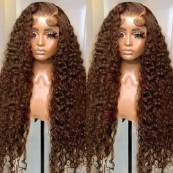 Brown Curly Lace Front Human Hair Wigs 13x4 HD Transparent Deep Wave Frontal Wig Brazilian Colored Water Wave Wigs Human Hair