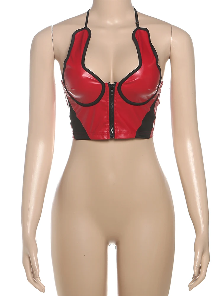 Sisterlinda-camisetas sin mangas de estilo salvaje para mujer, cárdigan con cremallera de piel sintética, diseño sin espalda, ombligo expuesto, ropa de calle clásica