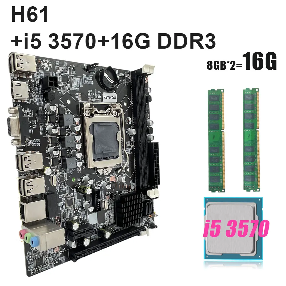 KEYIYOU-H61 Motherboard Gaming Kit, Processador LGA 1155, HDMI, VGA, Core i5 3570, 2x8GB, Placa DDR3 1600MHz