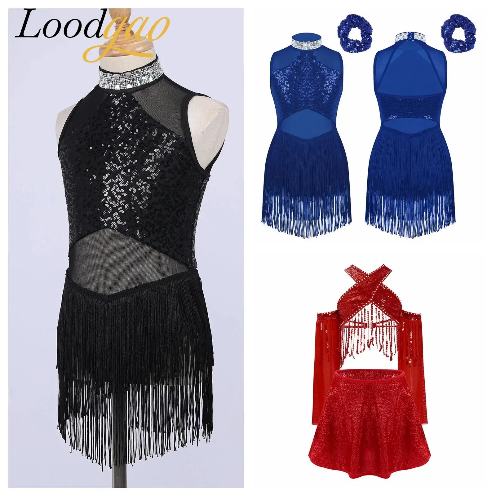 

Kids Fringed Leotard Girls Shiny Sequins Tassel Bodysuit Tango Rumba Chacha Latin Dance Costume Skating Dance Outfits Dancewear