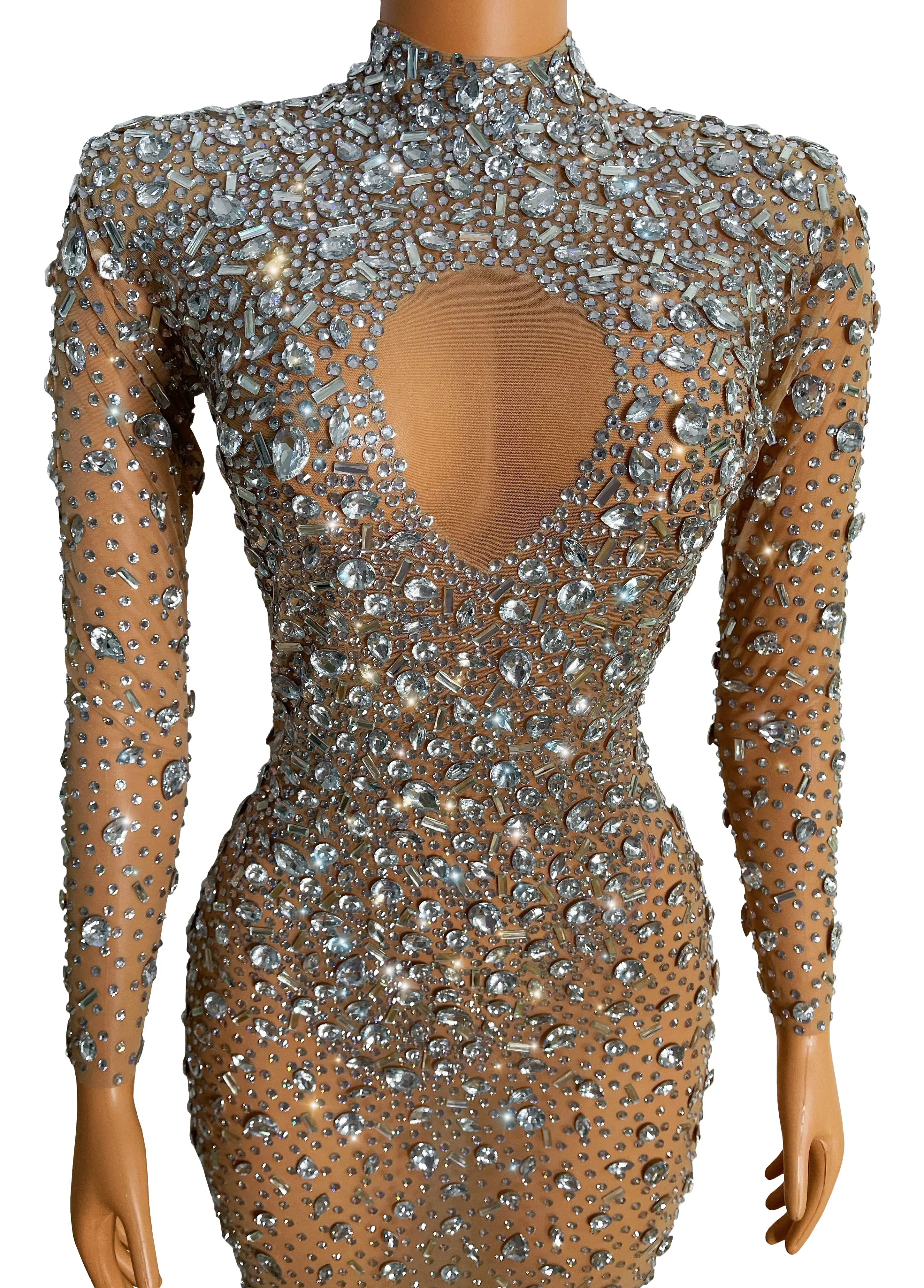 Luxus Zeigen Dubai Kristalle Strass Transparent Lange Kleid Abend Geburtstag Feiern Mesh Stretch Dance Kleid