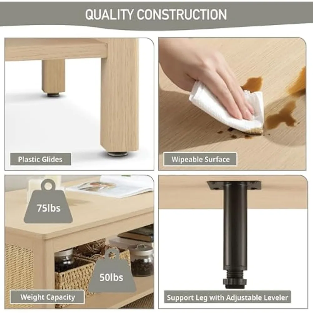 INK+IVY Coffee Table for Living Room Farmhouse Minimalist Design with Storage Shelf, Rattan Accent Sides, Modern Farmhouse Small