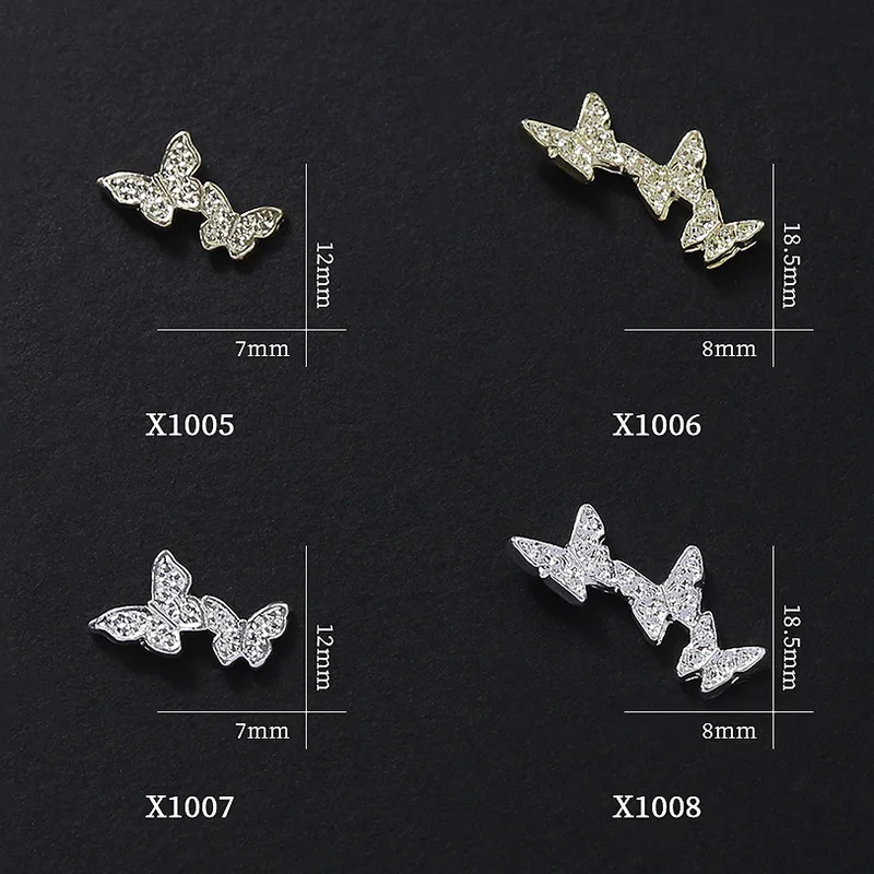 New 10pcs/bag Cute Kawaii Mini nail accessories Metal gold silver Conjoined butterfly DIY nail decoration charms gems Wholesale