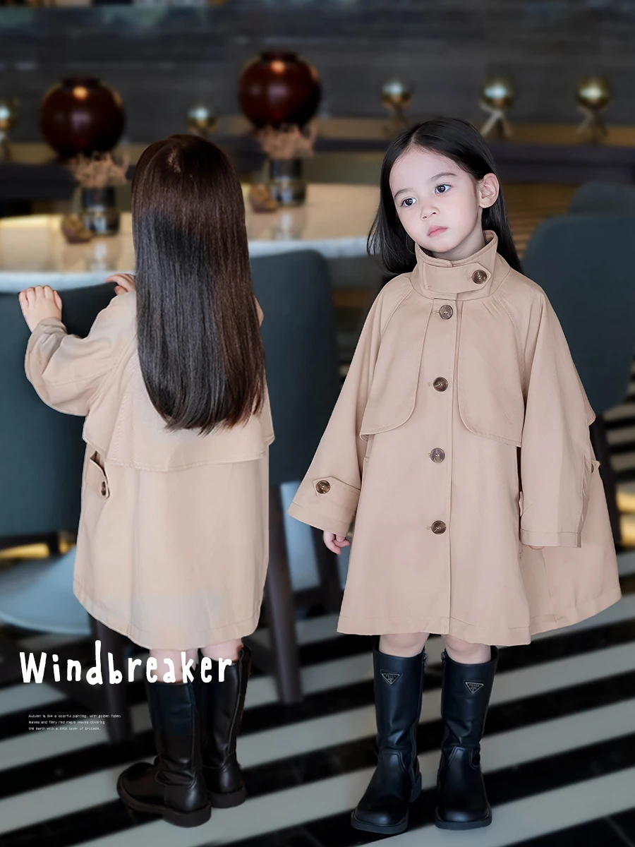 anniegirl-design-autumn-girl's-windbreaker-jaet-gentle-long-loose-stand-collar-soft-korean-sle-cotton-coat-for-kids