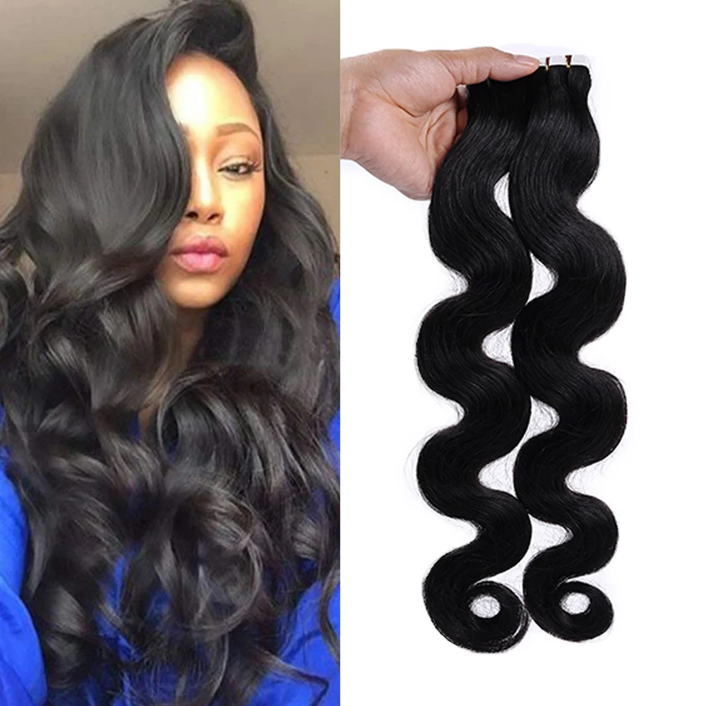 Human Hair Tape in Hair Extensions Body Wave Natural Black Color 1B, Hair Extensions Tape ins 20 40PCS Skin Weft Hair