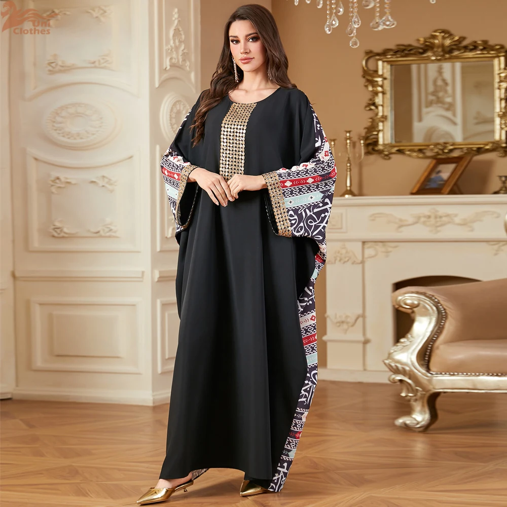 

Длинное арабское платье-кафтан с рукавами «летучая мышь» и принтом в марокканском стиле, с круглым вырезом, для женщин, Дубай