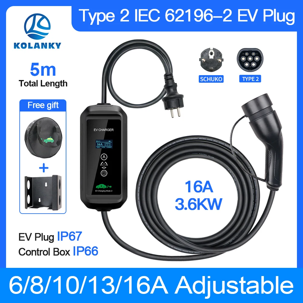 Mobile EV Charger 16A 3.6KW Type 2 IEC-62169 Wallbxo Charging For Eletric Hybrid Cars Cable Total Length 5M