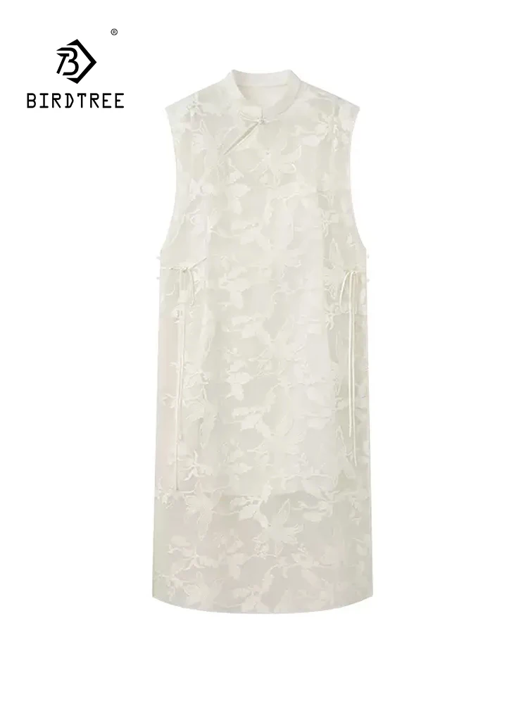 BirdTree, 100%Real Silk Elegant Dresses, Women Sleeveless Stand Embroidery, Retro Commute Chinese Dress, 2024 Summer D461112QC