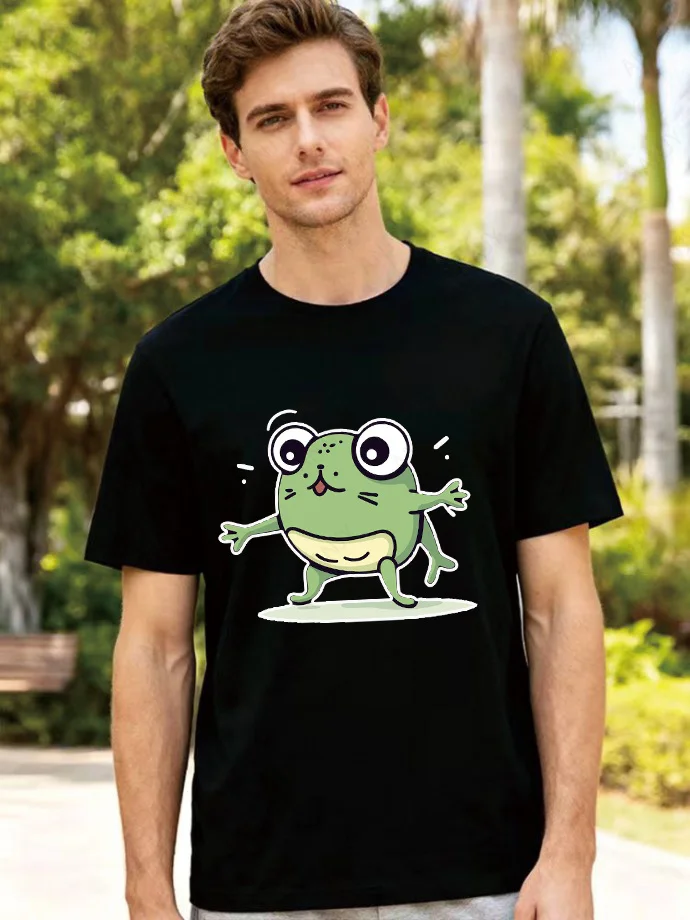 American Cartoon Tattered Frog Print T-shirt with Quirky Emotional Style, Casual Short Sleeved Summer Top