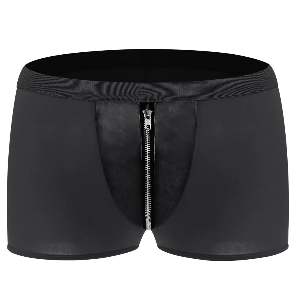 

Men's Boxy Underwear Youth Medium Waist Fine Mesh Faux Leather Trunk Nightclub Zipper Open Front U Convex Pouch Boxer Shorts