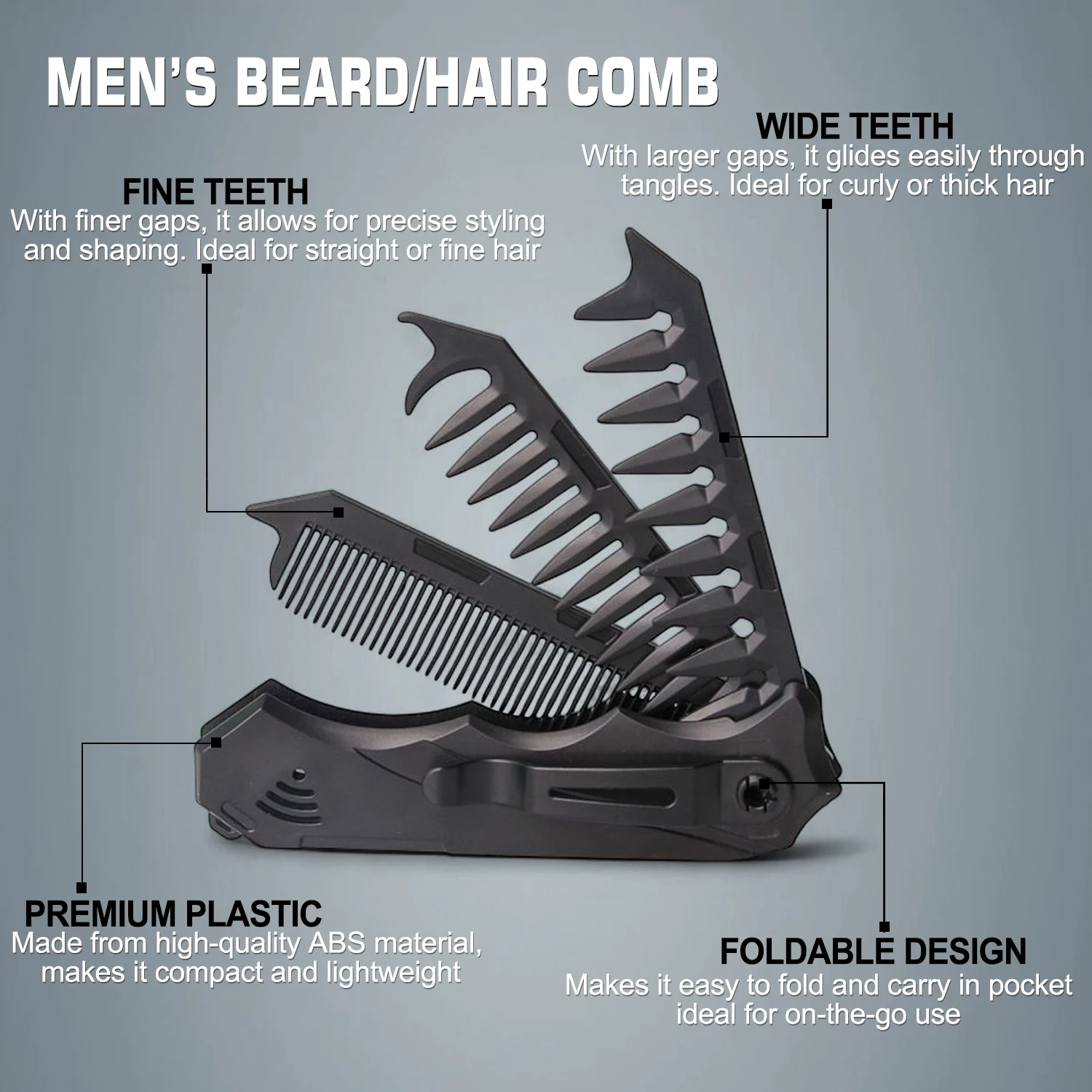 3-in-1 opvouwbare kam Draagbare zakbaardkam Zakformaat voor reizen Zwart plastic snorhaarkam voor verzorging onderweg