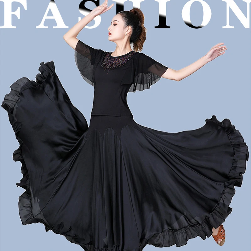 Mulheres espanhol flamenco saia 540 graus grande balanço saias moderna dança de salão valsa vestido coro trajes desempenho palco