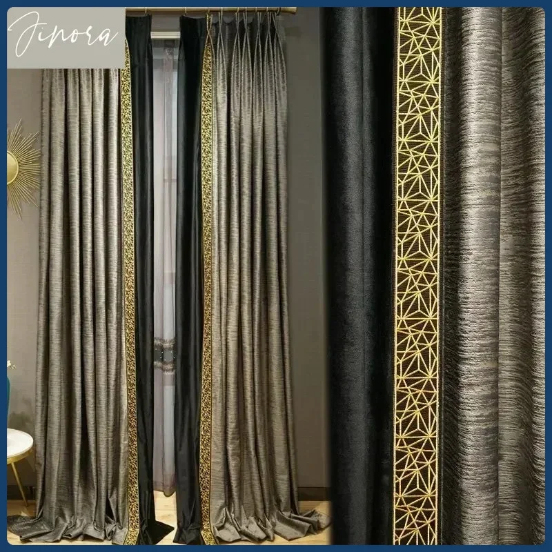 European Luxury Velvet Curtains for Living Room Bedroom Blackout Gray Lace Splicing Window Curtains Tulle High-end Customization