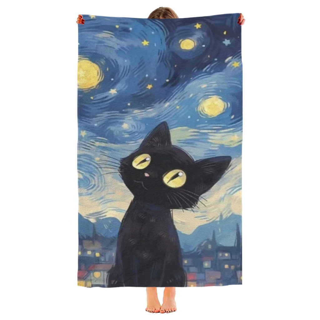 

Microfiber Beach Towel Starry Sky Cat Print Quick Dry Sandless Beach Blanket Soft Comfortable for Men Women Camping Pool Towel