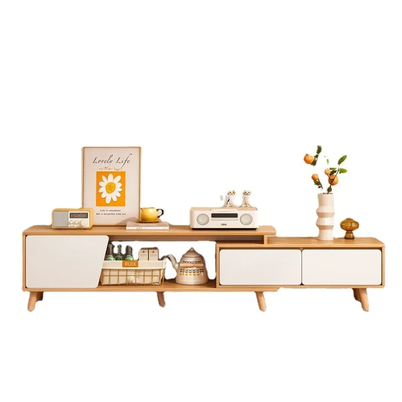

Modern Small Apartment Solid Wood Legs Coffee Table TV Cabinet Combination Nordic Retractable TV Stand Living Room