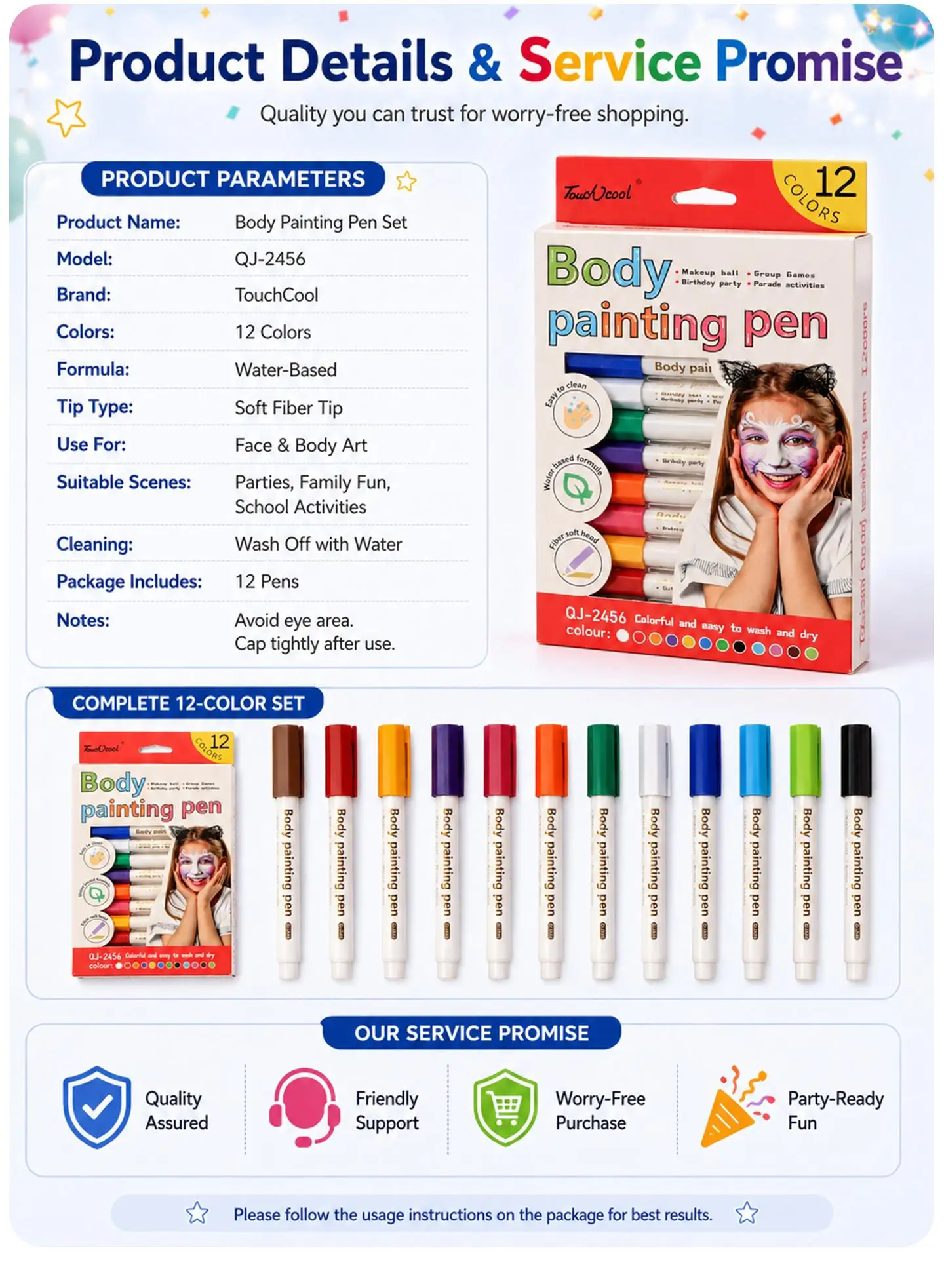 12 Farbige Körperkunst-Malstifte für Gesichtsbemalung, ungiftig, abwaschbar, Tattoo-Zeichenstifte-Set, Haut-Graffiti für Kinder, Party, Cosplay – Detail 6