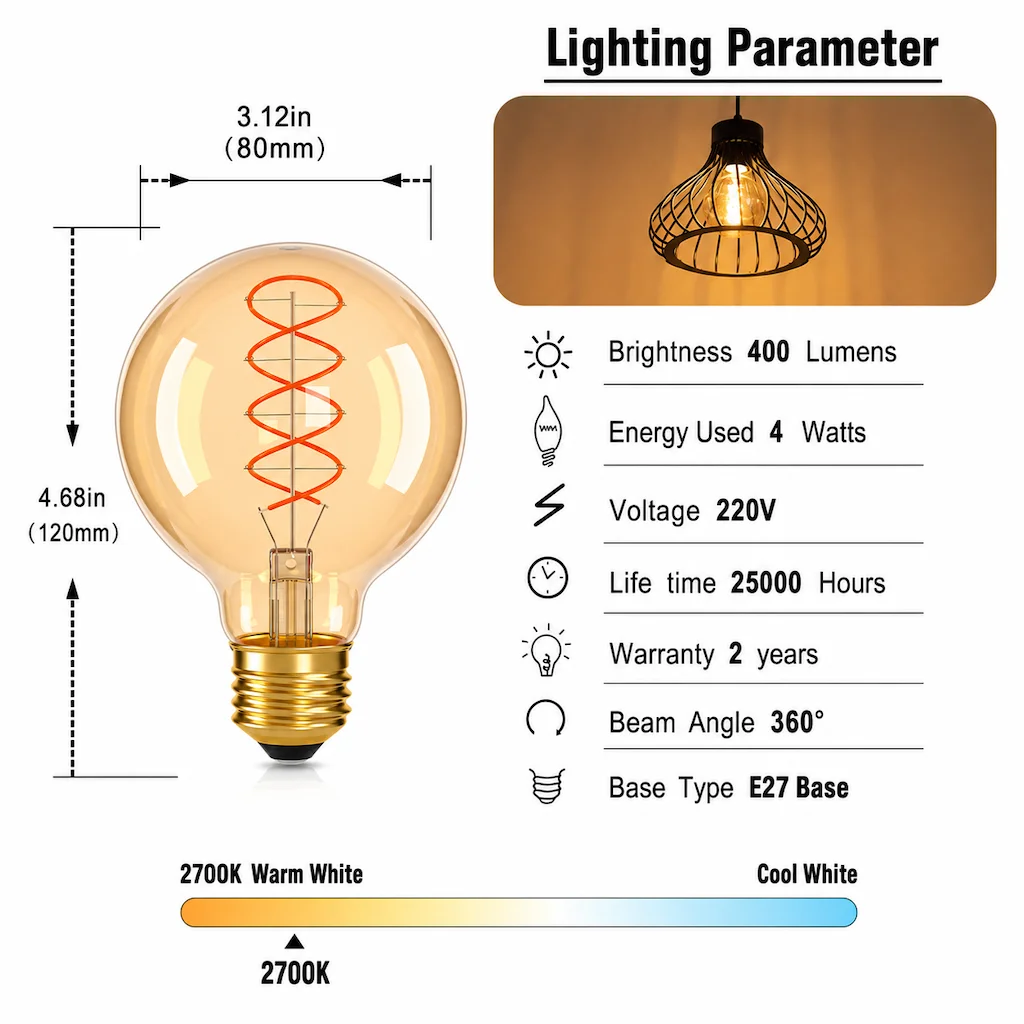 G80 Spiral Filament Edison LED Globe Bulb E27 4W 2700K