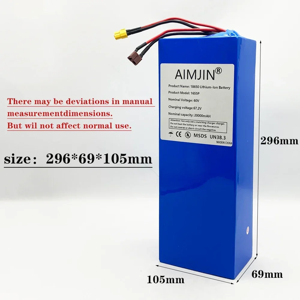 16S5P Battery Pack for 1000W 1200W 1500W Motor 60V 20AH Lithium for Motorcycle Scooter Bicycle with BMS
