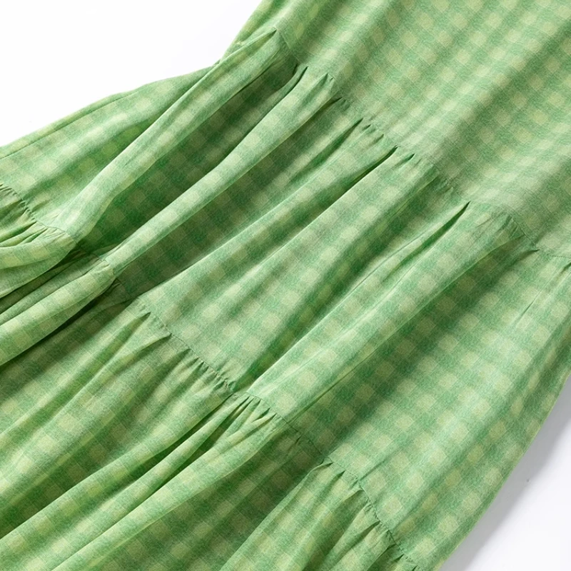 Birdtree 100% vestido de seda amoreira feminino, gola redonda solta crepe duplo sem mangas grade em camadas vestidos maxi verdes, verão 2025 d55610jf