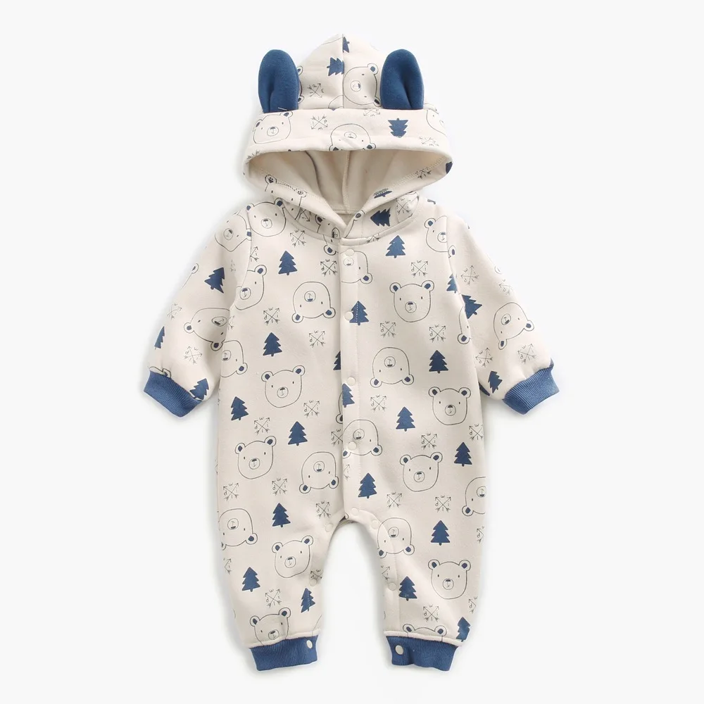 0-3T Newborn Kid Baby Boy Girl Winter Clothes Fleece Thick Baby Romper Warm Long Sleeve Hooded Jumpsuit Cute Sweet Outfit