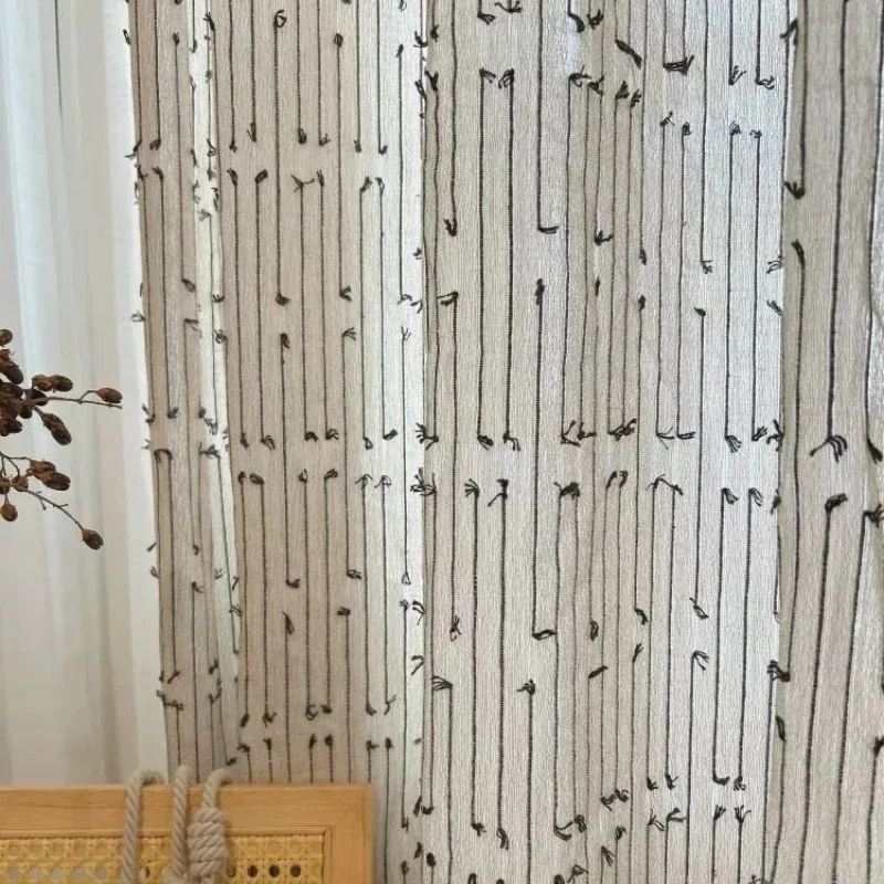 New Cotton and Linen Black Line Jacquard Thickened Window Screen Curtains for Living Room Bedroom Balcony Bay Window Customized