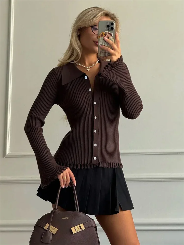 

Knitwear Lapel Tassel Cardigan Coat For Women Long Sleeve Slim Solid Commute Cropped New Outwear Knit Women's Cardigan Top