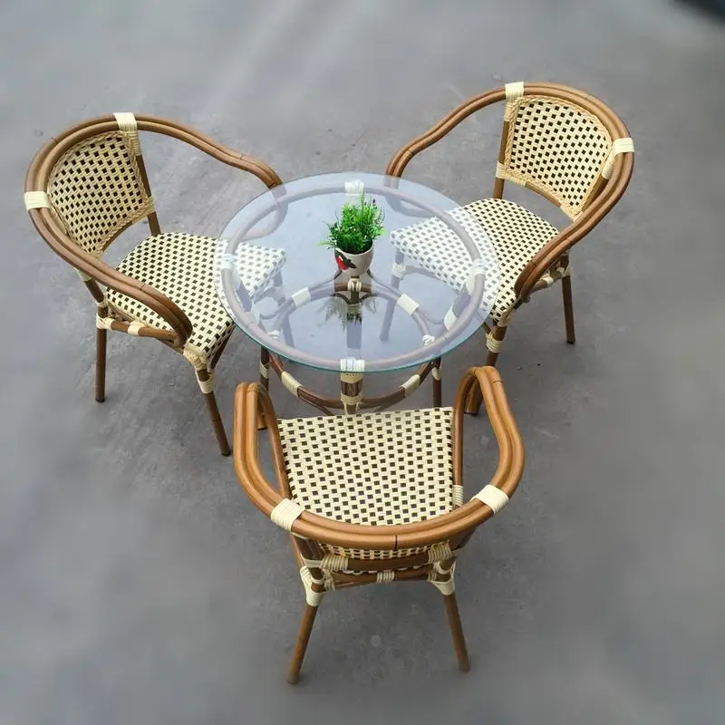 Outdoor Vintage french style bamboo chair Bistro metal restaurant dining Table and Chair Cafe Rattan garden Set patio furniture