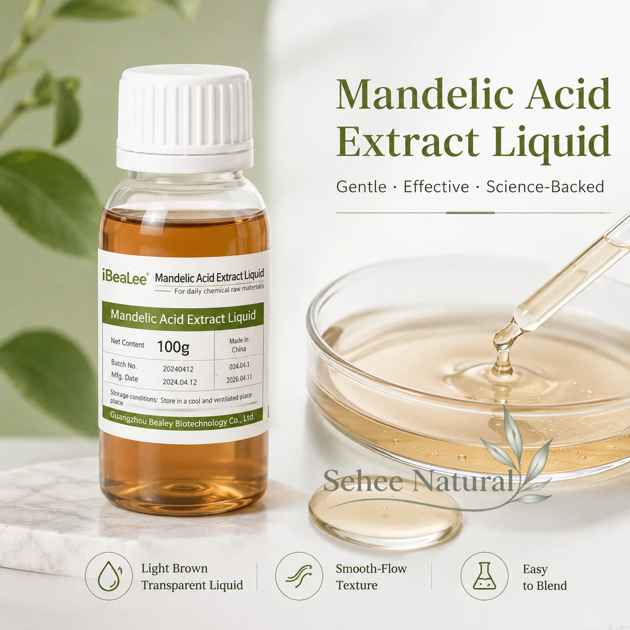 Mandelic Acid Extract Liquid Cosmetic Grade AHA Skincare for Facial Serum Toner Cream DIY Formulation Gentle Exfoliating Care