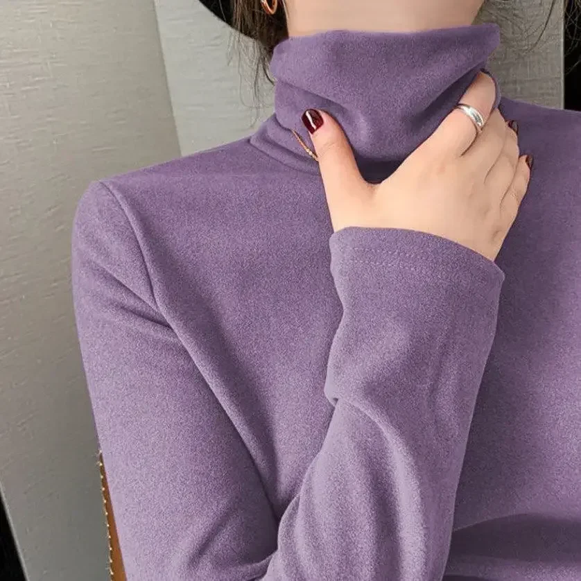 Herbst Winter Rollkragen Lange ärmeln Innen T-shirts Frauen Polar Fleece Warme Tops Koreanische Feste Hemd für Mädchen