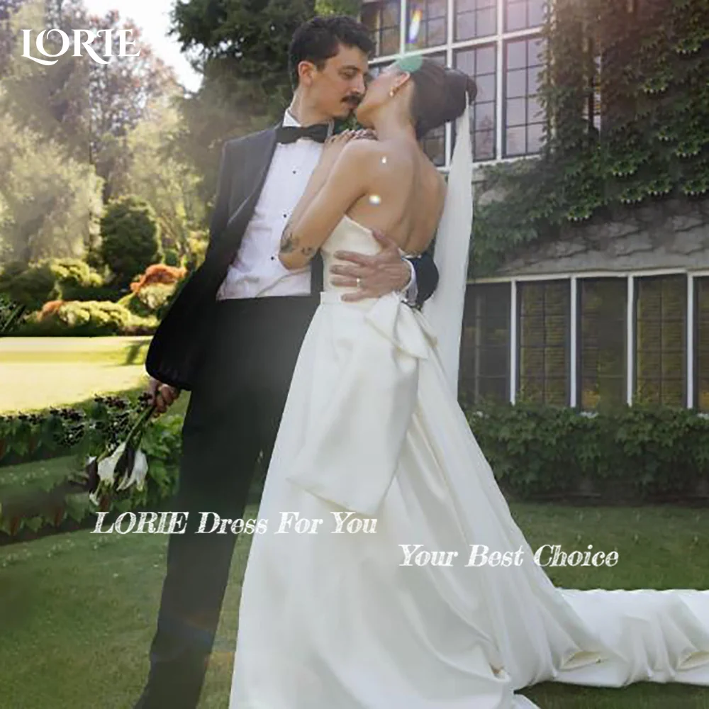 LORIE Strapless Wedding Dress Elegant Satin Bow Bridal Gown Customized A-Line Floor Lenth Bride Dress Zipper Saudi Dress Dubai