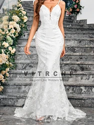 VITRCHP Sleeveless V Neck Sequined Mermaid White Wedding Party Dress Backless Floor Length Evening Prom Gown