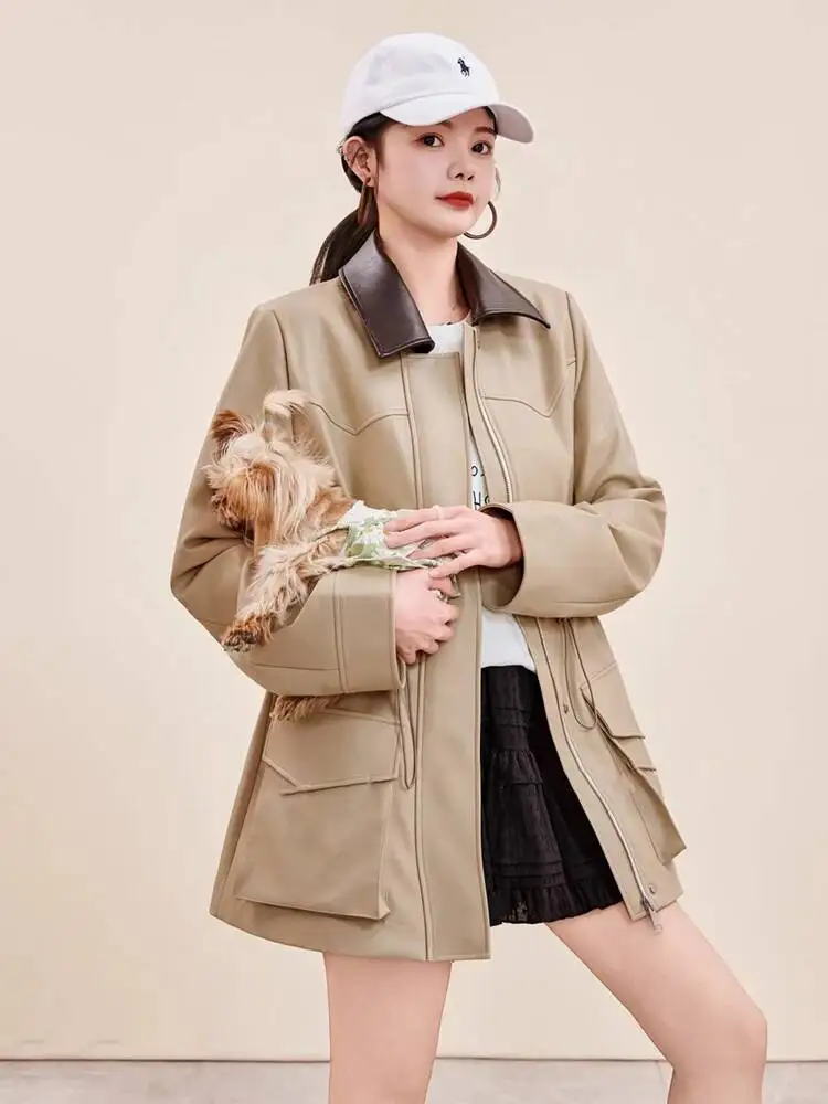 

Women's Faux Leather Jacket, Mid-Length Drawstring Waist PU Coat, Casual Zip Up Outerwear With Pockets, Fall Winter Fashion