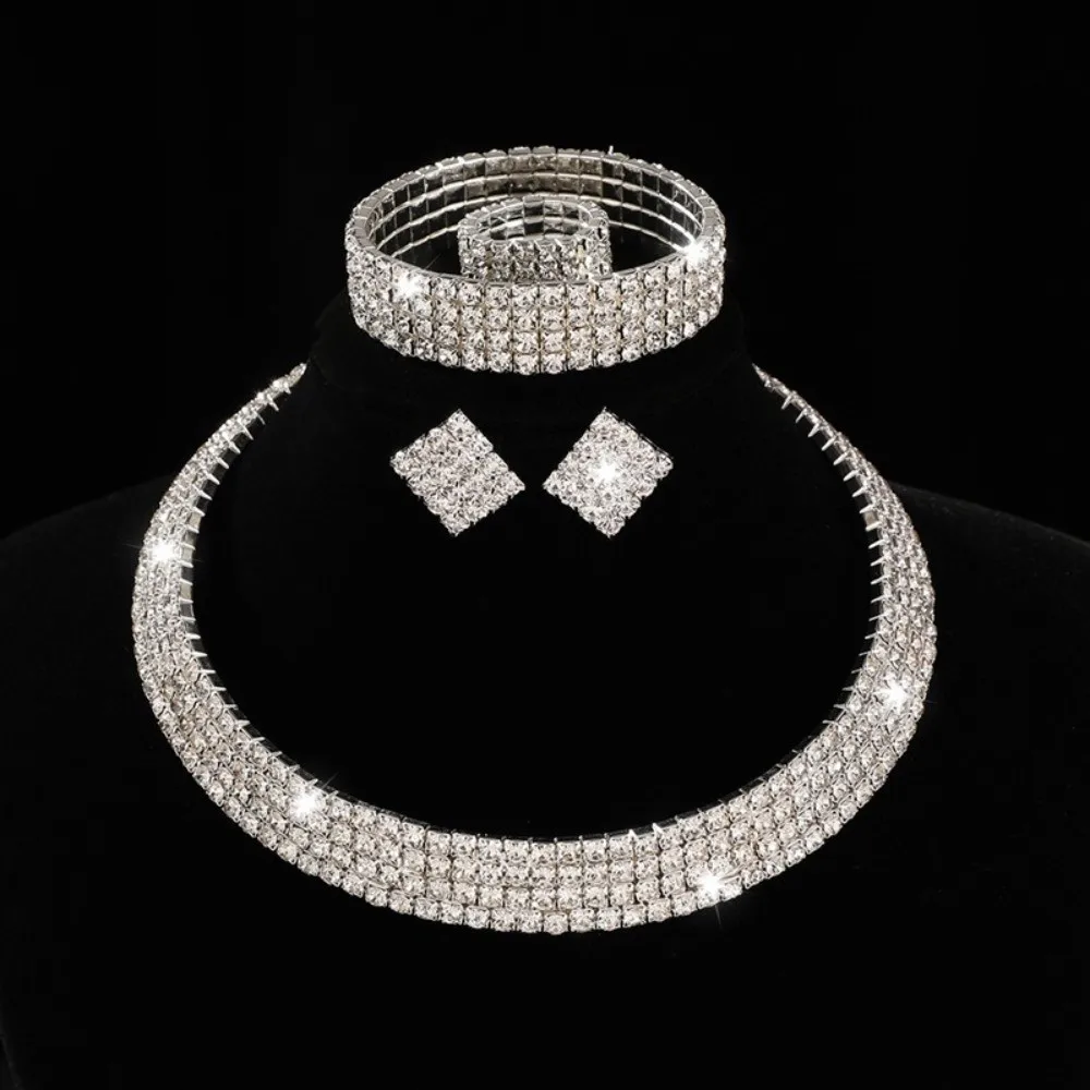4Pcs Earring Bridal Jewelry Set Shiny Multilayer Necklace Bracelet Earring Ring Set Silver Comfortable To Wear Rhinestone Choker