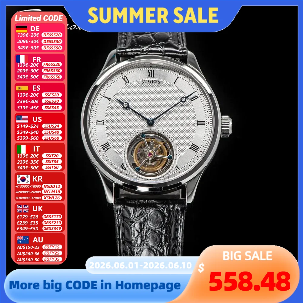 Sugess Tourbillon Men Watches ST8230 Genuine Tianjin Movement Mechanical Vintage Skeleton Wristwatch Elegant Crocodile Leather