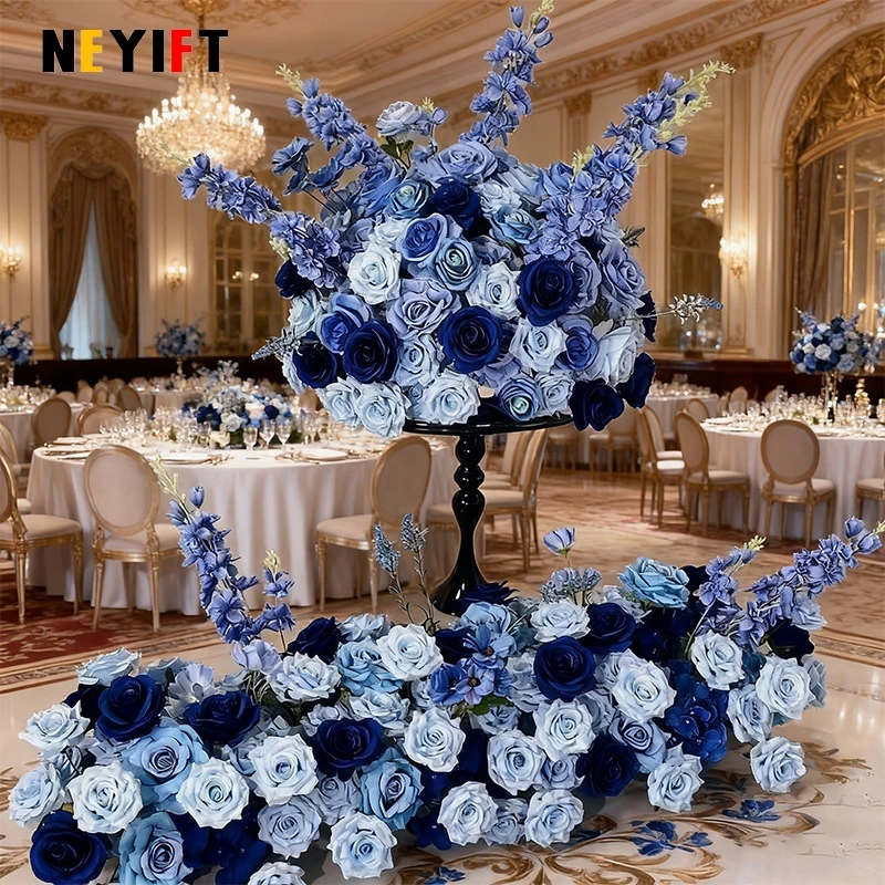 الأزرق/الأزرق الداكن تشكيلة زهور بنية صفير زهور الورد الزفاف خلفية ديكور المرحلة الطابق زهرة صف حفلة الحدث الدعائم