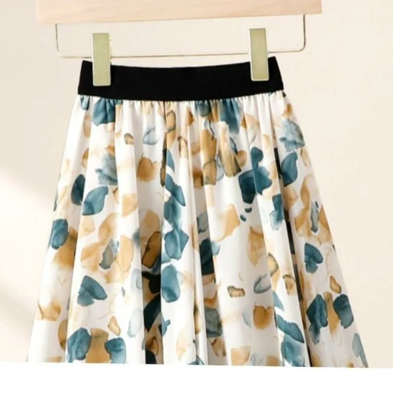 Retro temperament Summer New Printed Women's Fashion Waist Versatile Casual High Waist Loose Mid length A-line Skirt