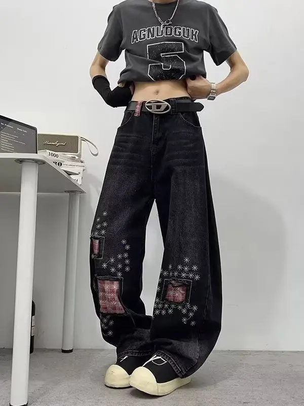 

Retro American Plaid Splicing Straight Leg Men's Jeans Trendy Street Loose High Waist Wide Leg Long Pants Casual Denim